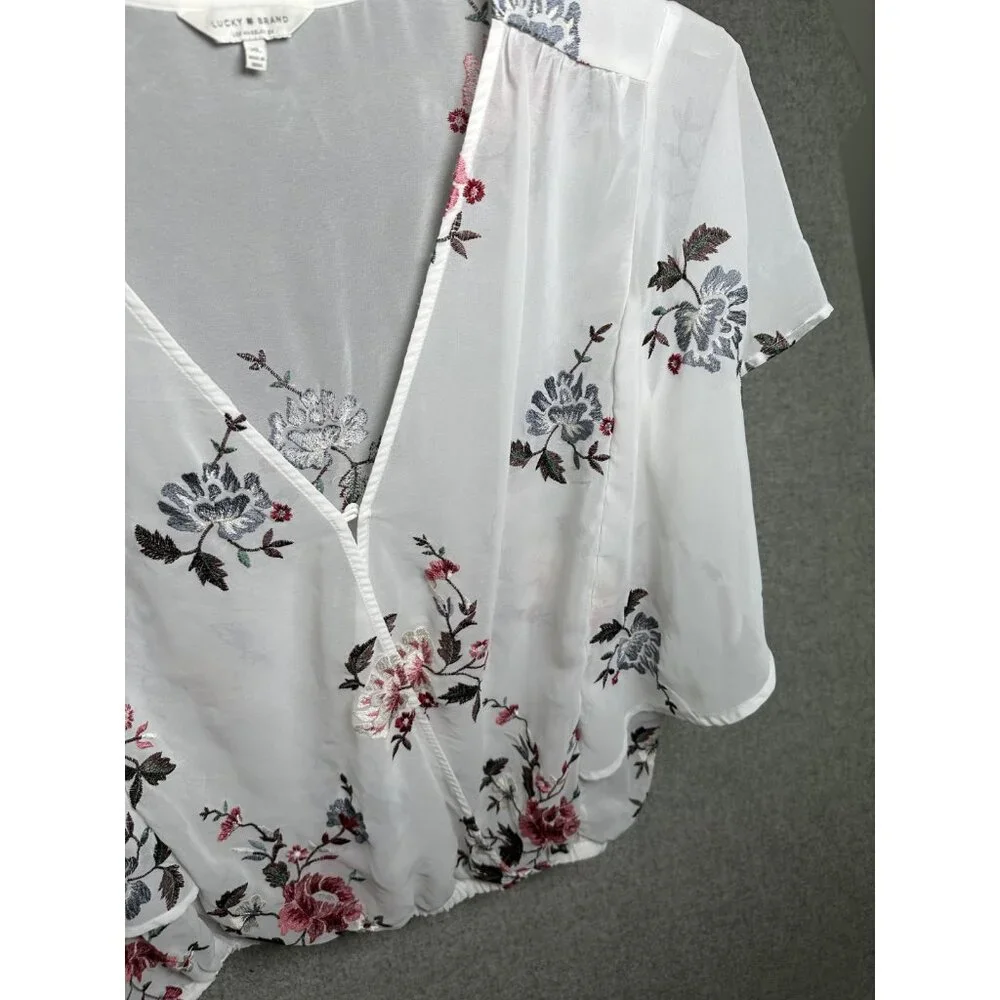 Lucky Brand XL Womens Top Sheer Embroidered Vneck White Floral Boho Cottage - Picture 15 of 16